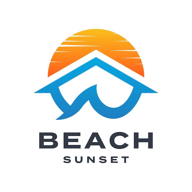 beach sunset with house and wave logo design