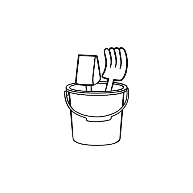 Vector beach toys hand drawn outline doodle icon. toy shovel and rake in a bucket for playing in a sandbox vector sketch illustration for print, web, mobile and infographics isolated on white background.