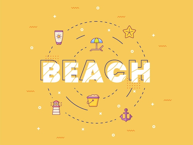 Lettering di calligrafia di tipografia della spiaggia intorno all'icona di estate con stile del contorno