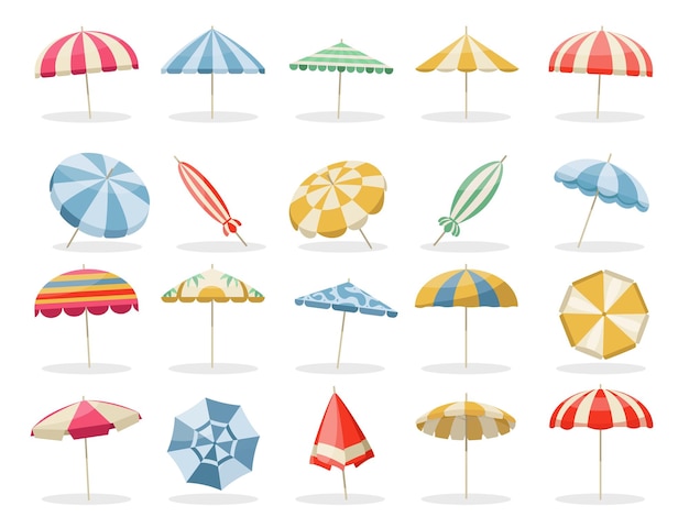 벡터 해변 우산 여름 우산 태양에서 보호 평평한 디자인 바다 해변의 다채로운 상단 뷰 휴가 및 휴가 우산 개념 터 세트