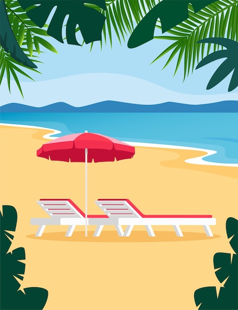 Beach umbrella and Sun lounger Sunbed with parasol at sand beach Summer tropical resort