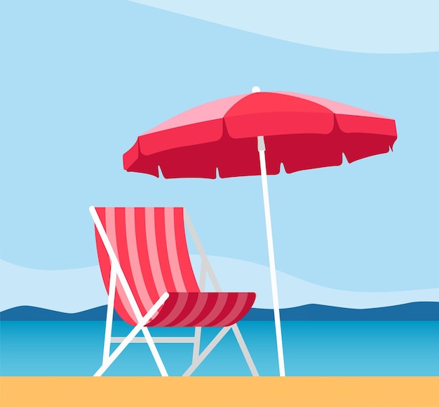 Пляжный зонтик и шезлонг. Шезлонг с зонтиком на песчаном пляже. Летний тропический курорт.