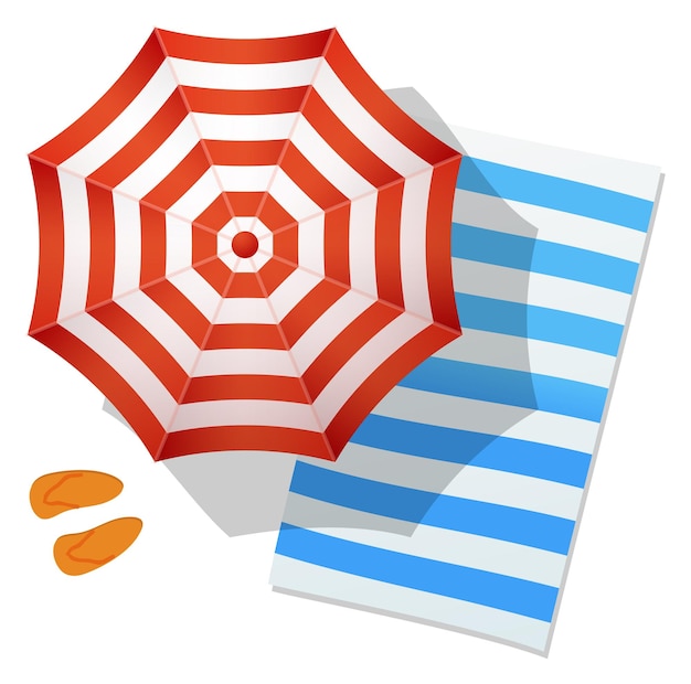 Beach umbrella and towel top view Summer travel