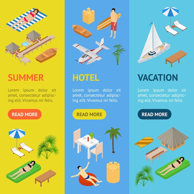 Vector beach vacation banner vecrtical set 3d isometric view vector