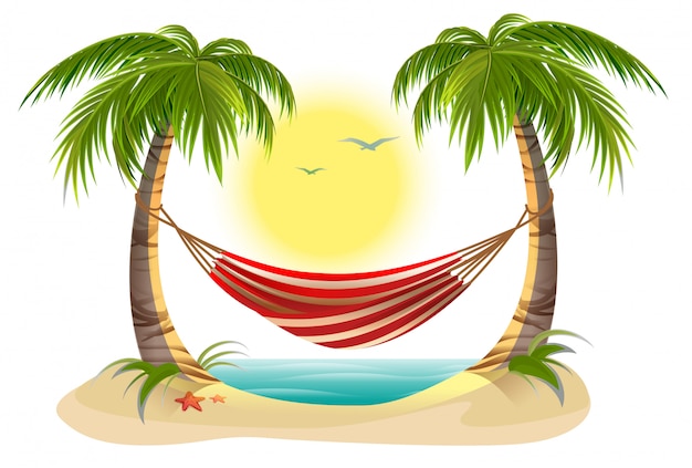 Beach vacation. hammock between palm trees