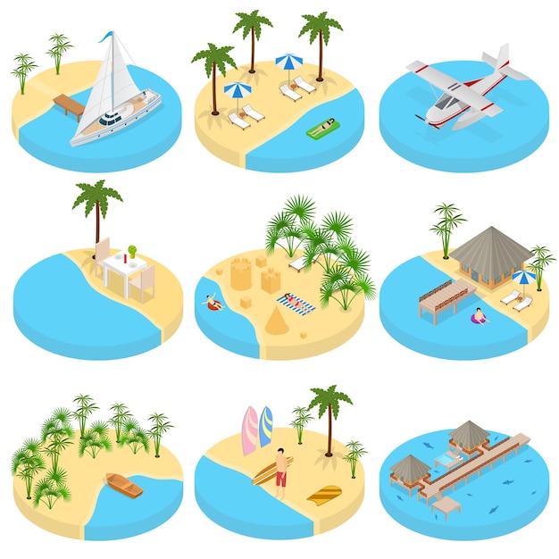 Beach Vacation Set Icons 3d Isometric View Vector