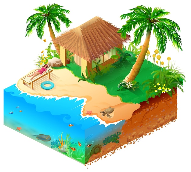 Beach vacation on tropical island isometric. Woman in bikini, palms, sea and hut.