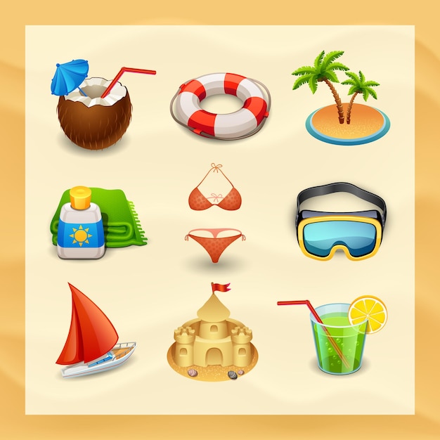 Beach vacation vector icon set 2