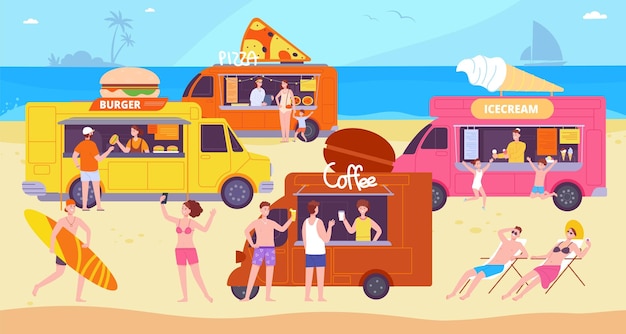 Beach van festival Tourists food truck trailer coffee kiosk tropical street vehicle marketplace american camping car caravan restaurant vector illustration of coffee summertime ice cream and burger