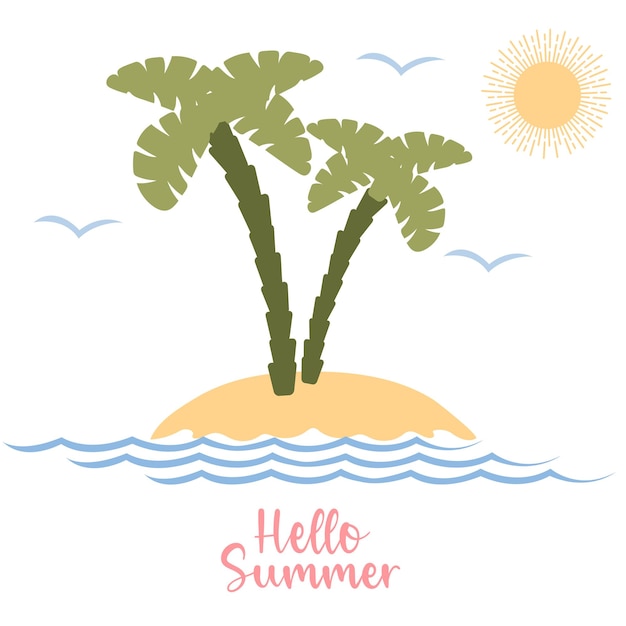 Beach vector icon with sun palm tree seagulls and sea Summer logo design template