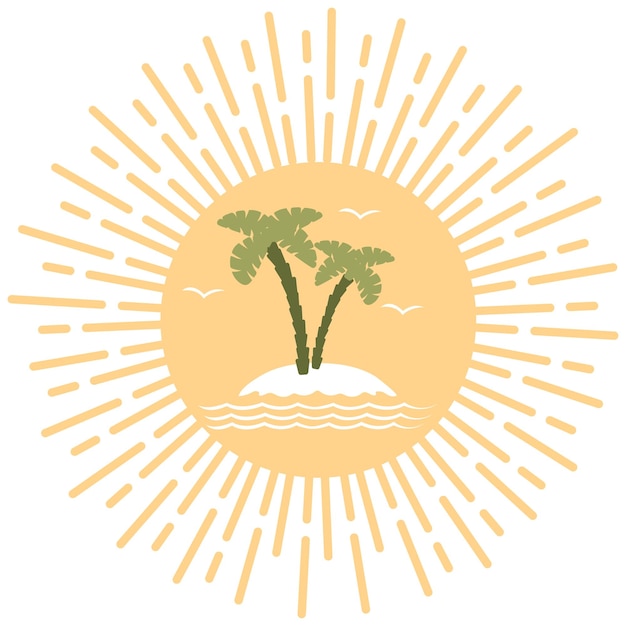 Vector beach vector icon with sun palm tree seagulls and sea summer logo design template