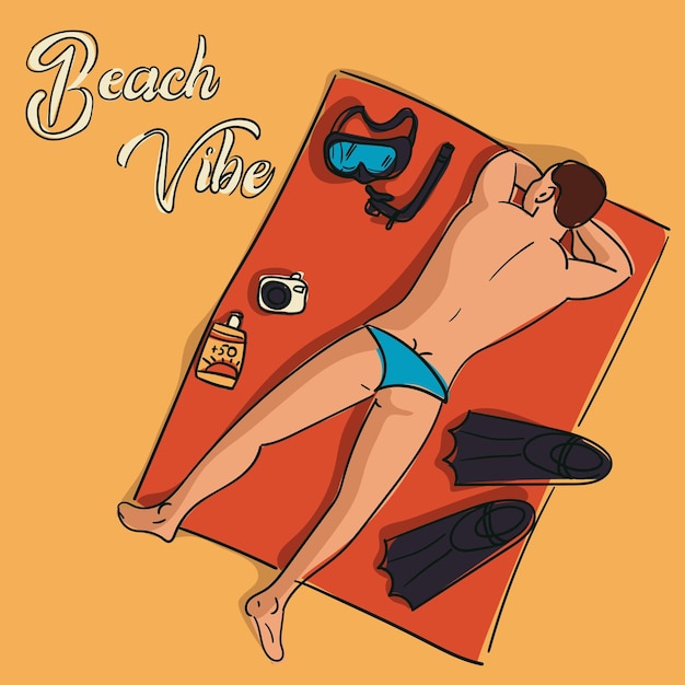 Beach vibe a handsome man sunbathing in the sun Vector design of a summer poster in a simple