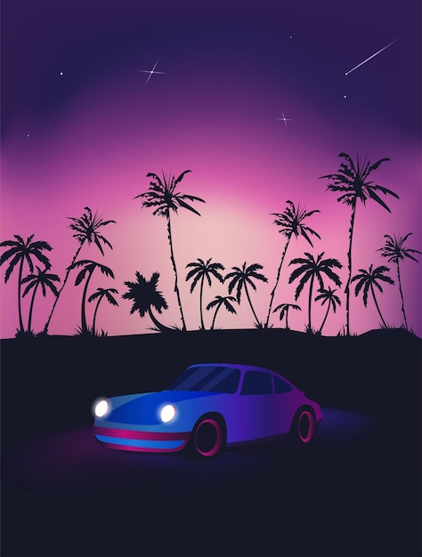 Beach View with palm tree and car fantasy landscape illustration