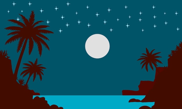 beach view with silhouettes of blue coconut trees at night