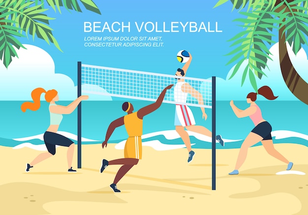 Vector beach volleyball horizontal banner with multiracial teams competition