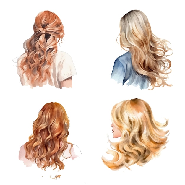 Vector beach waves female hairstyle watercolor paint collection