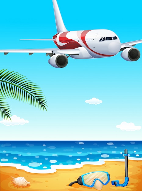 A beach with an airplane uphigh