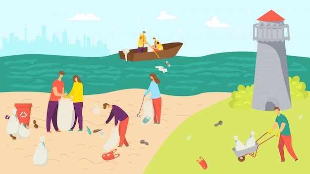 Beach with garbage, people clean environment  illustration. Volunteer character pick up trash from nature ecology. Cartoon man woman cleaning ocean, plastic waste and pollution.