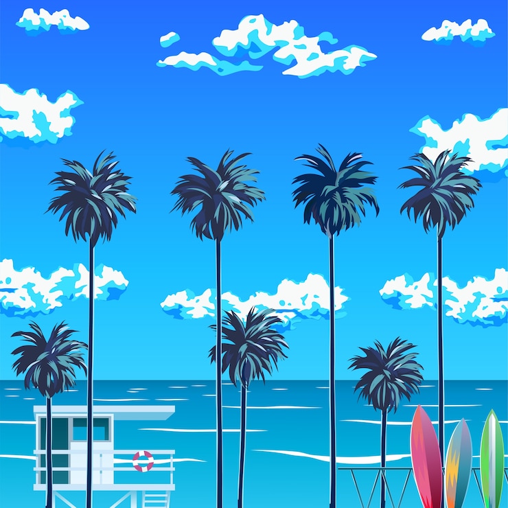 Vector ヤシの木と青い空のあるビーチ。