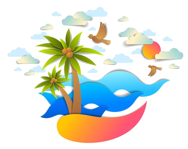 Beach with palms, sea waves perfect seascape, birds clouds and sun in the sky, summer beach holidays theme paper cut style vector illustration.