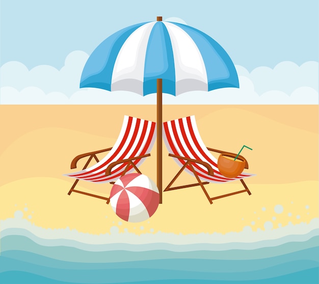 Beach with parasol and seats 