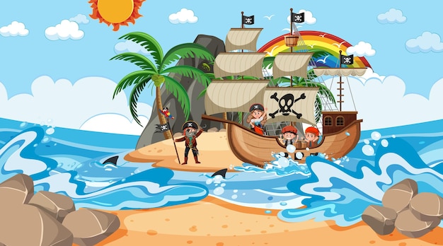 Beach with Pirate ship at daytime scene in cartoon style