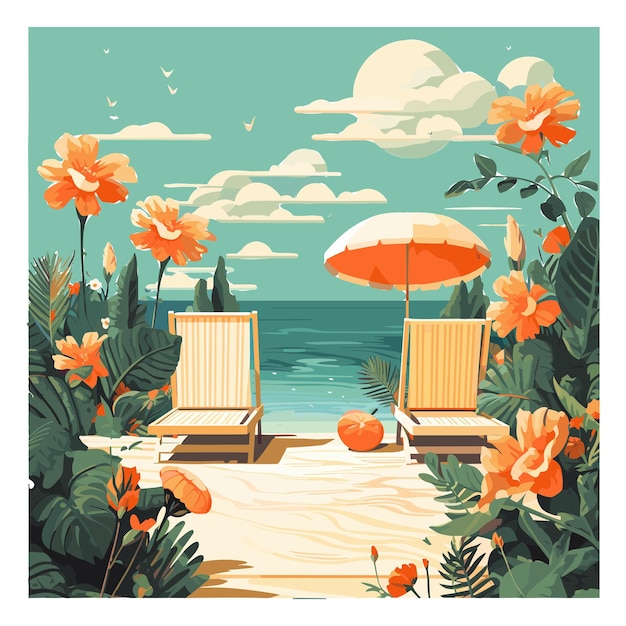 여름에 우산과 의자가 있는 해변