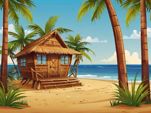 Beach wooden house are colorful on the sand with palm trees flowers and coconuts