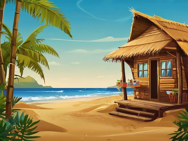 Beach wooden house are colorful on the sand with palm trees flowers and coconuts