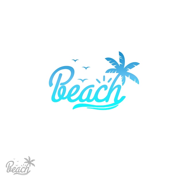 Beach wordmark logo coconut tree birds sunlight as beach symbol merging into the word