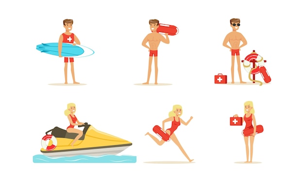 Vector beachrescue people characters performing their duties lifeguard occupation concept