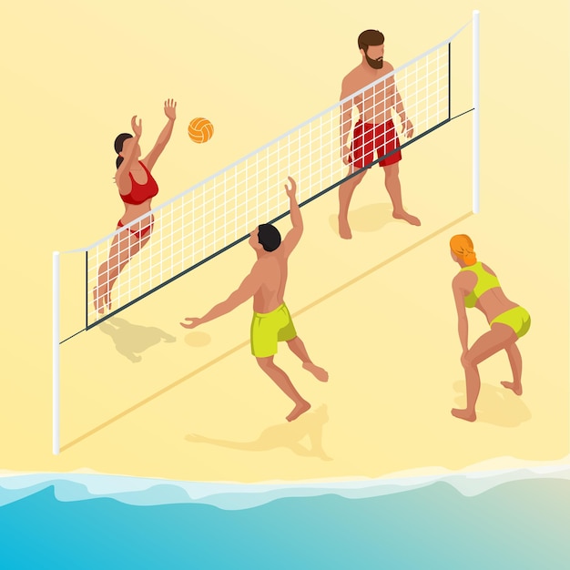 Beachvolleybal speler springt op het net en probeert de bal te blokkeren. zomer actieve vakantie concept. isometrische vectorillustratie.