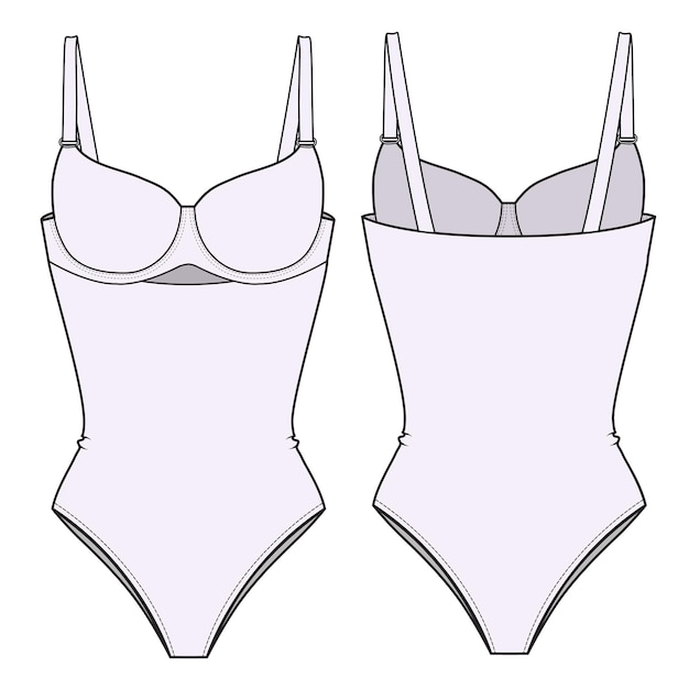Beachwear swimsuit front and back technical flat Sketch template