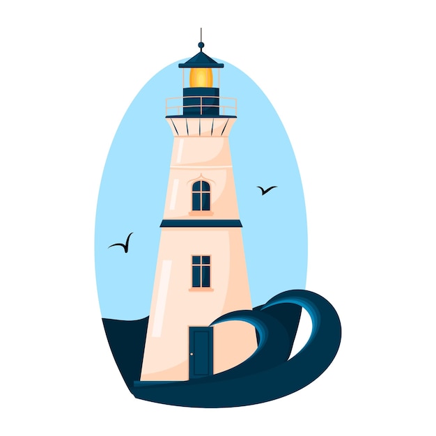 Beacon lighthouse tower against the sky gulls and ocean waves vector illustration