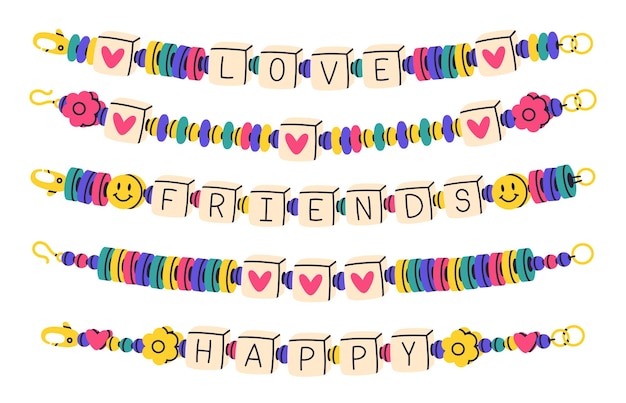 Beaded bracelets Friendship funky bracelets handmade plastic beads bracelet Kids cute accessories with words friends and love vector set