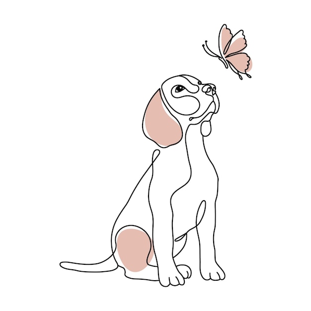 Beagle cane e farfalla, line art. disegno di contorno e macchie colorate in colori pastello