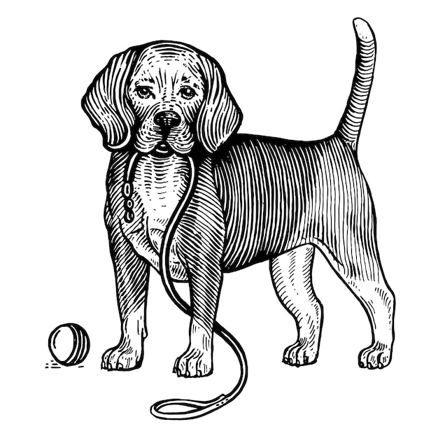 Beagle un cane con un'illustrazione vettoriale a palla grafica vintage e lavorazione a mano