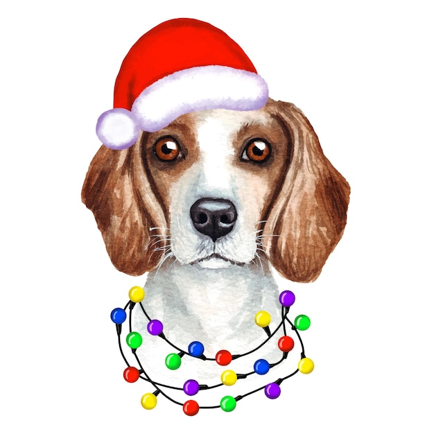 サンタさんの帽子にクリスマス ライトを付けたビーグル犬。かわいいクリスマスの子犬のイラスト。