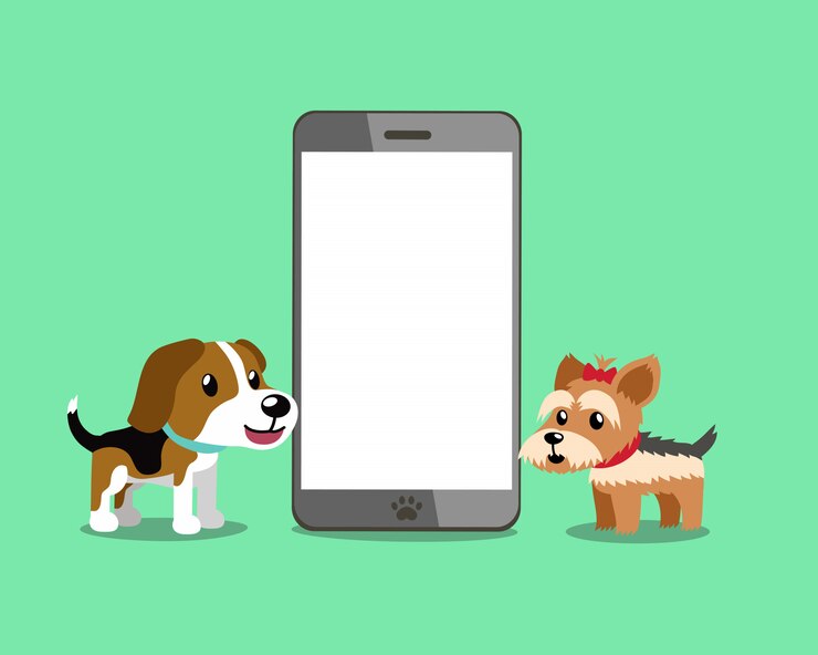Vector beagle dog and yorkshire terrier dog with smartphone