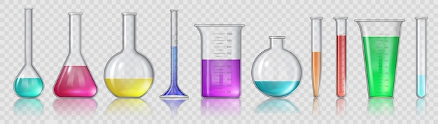 Becher con prodotti chimici. attrezzatura realistica in vetro da laboratorio 3d, provette e pallone. vetreria da laboratorio per set di vettori di studio medico o scientifico. misurare liquidi tossici, strumento di test e analisi