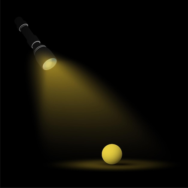 Vettore il raggio di luce della torcia risplende su una palla gialla nell'oscurità cerca la risposta alla domanda verità solitudine che vaga nell'oscurità illustrazione realistica astratta
