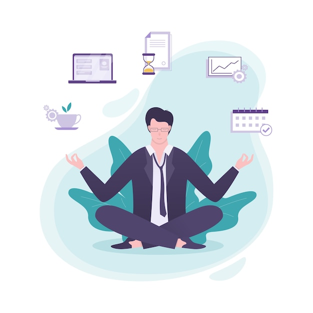 Beambte in yoga pose. Meditatie over het werk