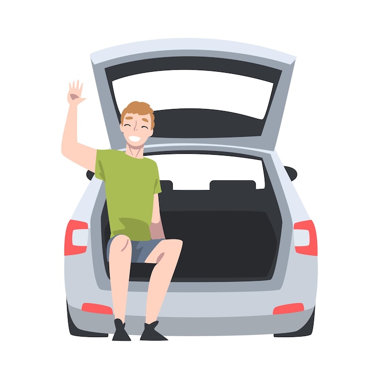 Vector beaming man sitting in car trunk and waving hand taking picture vector illustration