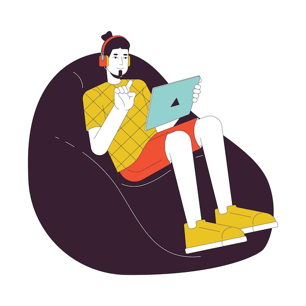 Vector beanbag man met tablet 2d lineair cartoon personage koptelefoon jonge volwassen man geïsoleerde lijn vector persoon witte achtergrond films kijken spelen op tablet kleur platte plek illustratie