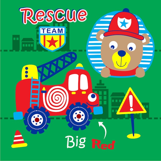 곰과 큰 빨간 불 구조 팀 귀여운 만화