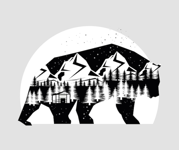 Vector bear animal double exposure