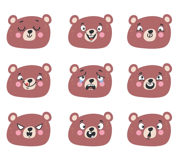 Bear animal muzzle face different emotions face isolated collections set. vector graphic design