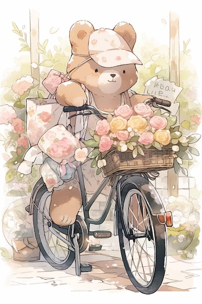 A bear on a bicycle with a sign that says'peonies'on it