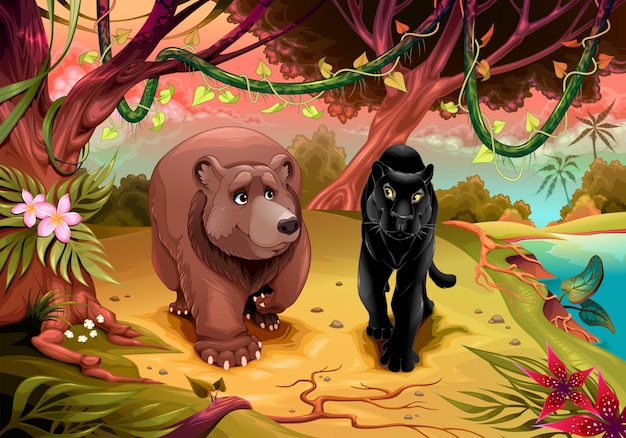 Bear and black panther walking together in the forest