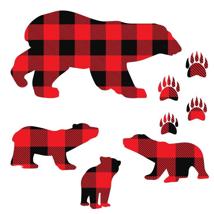 Vector bear buffalo plaid set. vector illustration woodland animal . lumberjack clip art.